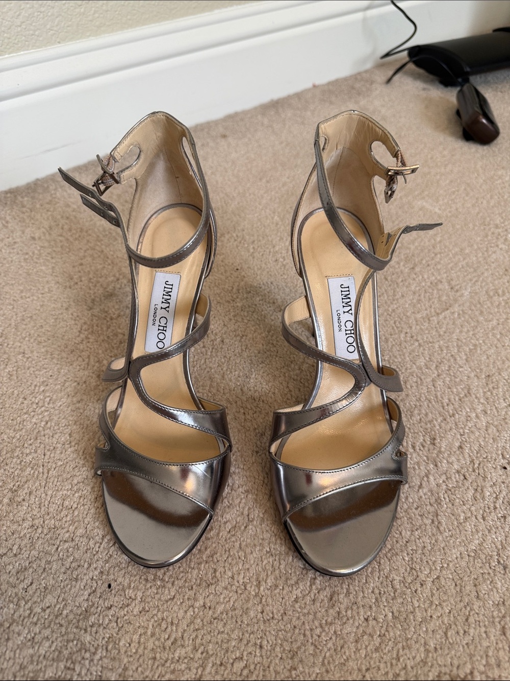 Jimmy Choo Metallic Pewter Strappy High Heel Sandals